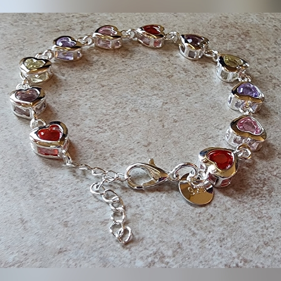 925 stamped Silver plated multi colored heart adjustable bracelet - Picture 9 of 12